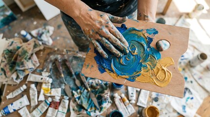 Bird's Eye View of Paint Splattered Hands Mixing Thick Blue and Gold Acrylic Paint on Art Palette