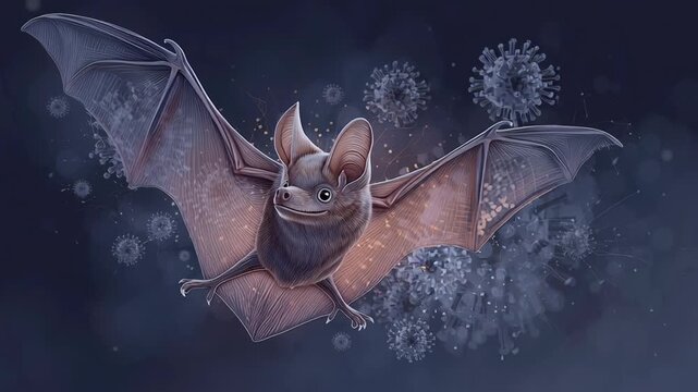 Editorial illustration of a bat as a zoonotic virus carrier, realistic bat anatomy with subtle virus particle overlay, dark atmospheric background, scientific accuracy, serious public health tone