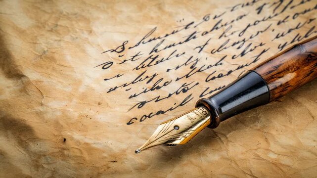 Elegant fountain pen with wooden body on yellowed, handwritten letter