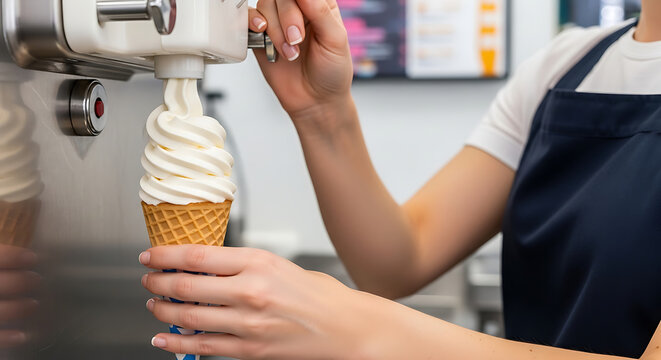 Close up hand woman make delicious vanila ice cream from the machine. 