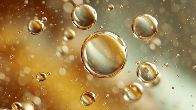 luxurious texture of nourishing serum or two-phase oil. Golden spheres are bubbles in liquid medium. concept of a macro image of a molecule of collagen, vitamin C