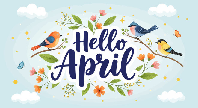 Welcome April Spring Scene with Flowers and Birds Illustration