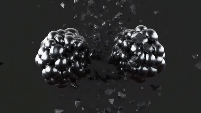 Two antimatter clusters smashing into one another, fragments scattering like dark embers