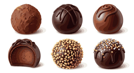Obraz premium A delicious assortment of six gourmet chocolate truffles and bonbons, featuring cocoa powder, nut, sprinkle, and decorative glaze coatings, isolated on a white background.