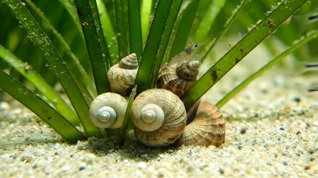 Close-up of small freshwater snails peacefully nestled amidst vibrant green aquatic plants on a sandy substrate, creating a serene underwater natural habitat