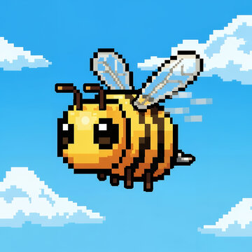 Pixel art illustration of a flying bee against a blue sky.