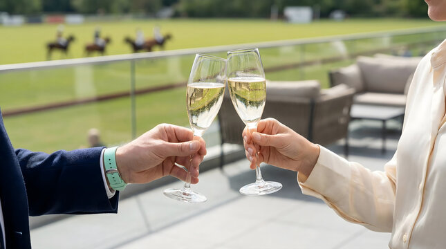 Two people clinking champagne glasses on a balcony overlooking a polo field. The scene conveys celebration and luxury.