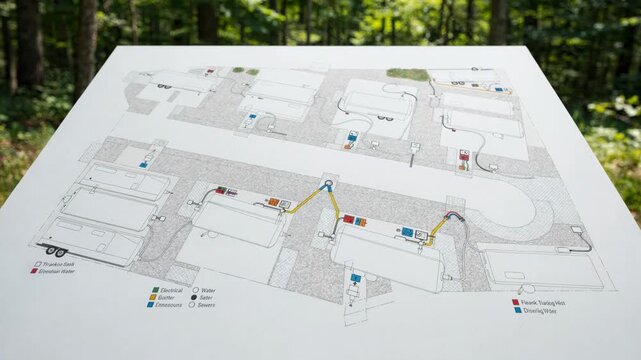 Medium shot of an RV campsite layout plan with a focus on arranging utility hookups and parking pads blurred surrounding forest creating a natural backdrop.