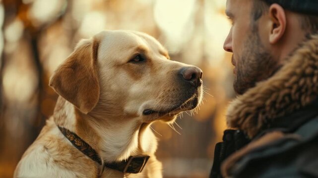 Man and yellow Labrador retriever gaze at each other outdoors sunset