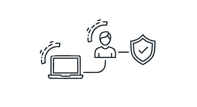 Cybersecurity concept with laptop user and shield icon.