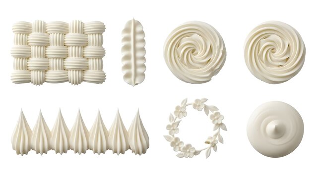 Various white buttercream piping designs including woven, swirled, and pointed patterns, isolated on a clean white background for confectionery decoration.
