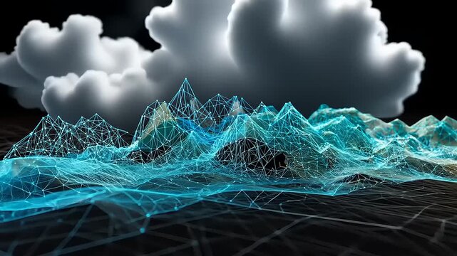 Abstract representation of digital mountains with clouds in the background, showcasing data visualization