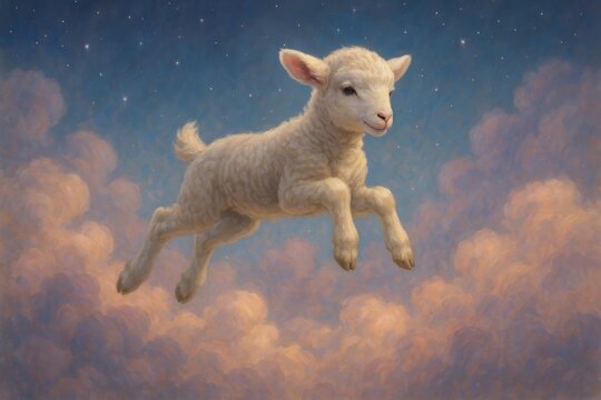 Lamb flying among clouds