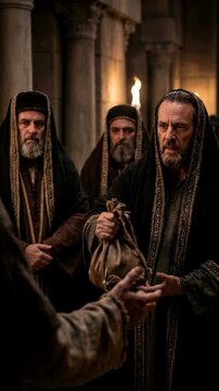 Judas Iscariot receives a bag of money from religious leaders in the Temple. A biblical scene of betrayal and greed, relevant to Easter and Holy Week.
