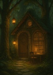 Fototapeta premium Enchanted forest cottage scene