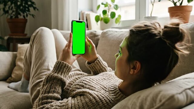 Woman lying on sofa holding green screen smartphone vertical