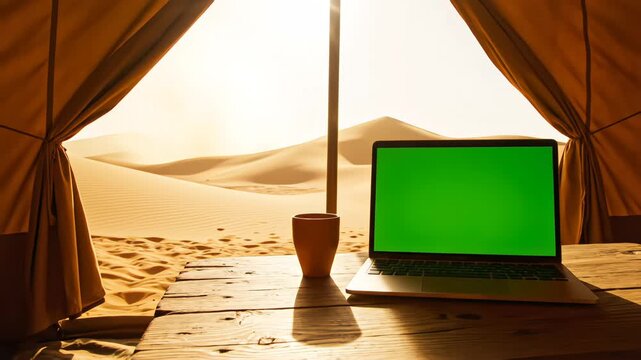 Modern laptop mockup inside luxury tent with solid green display. Desert dunes and warm tones create clean template ideal for travel, remote work, and digital branding