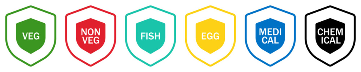 Obraz premium Shield Label Icons Set – Veg Non-Veg Fish Egg Medical Chemical Category Badges