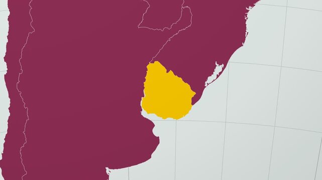 Uruguay map. Animated zoom into the country on the Globe in Pale Mint Dark Pink color palette. Country logo animation with round text and airplanes. Map with meridians, parallels. Artistic video.
