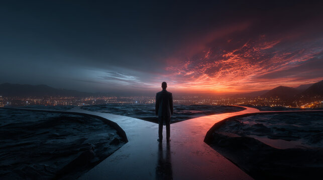 Choice decision making as two split path options to choose from tiny person concept. Business or life strategy confusion and opportunity doubt vector illustration. Future direction concern or struggle