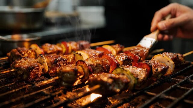 Closeup of skewers being expertly basted with sauce on an open flame focus on the glistening grill items and chefs hands soft bokeh in the background.