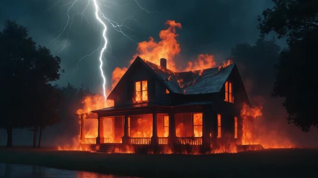Dramatic cinematic footage of a wooden farmhouse engulfed in intense fire and orange flames during a dark thunderstorm with a massive lightning strike.
