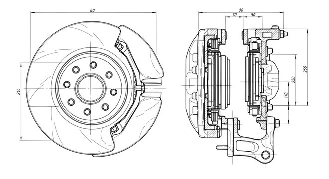 Disc brake system technical drawing and cross section schematic