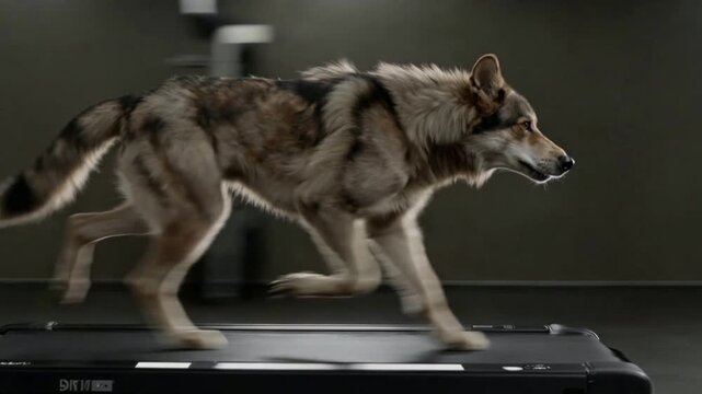 Wolf Running on Treadmill Close Up Cinematic Shot Animal Exercise Motion
