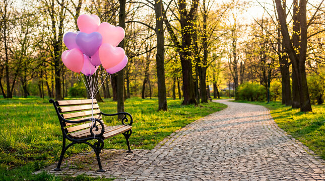 Pink and purple heart shaped balloons tied to a wooden park bench along a cobblestone path during golden hour