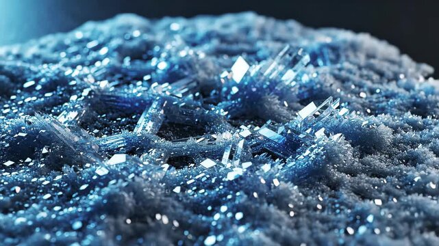 Macro time-lapse of ice crystals rapidly forming on a dark surface. Blue frost patterns expanding and freezing in geometric shapes. Scientific crystallization process
