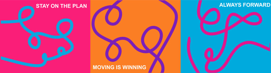 Bold wavy line typography with motivational movement quotes on vibrant backgrounds, modern abstract poster design. featuring vibrant colors, flowing wavy curved lines © Jawa