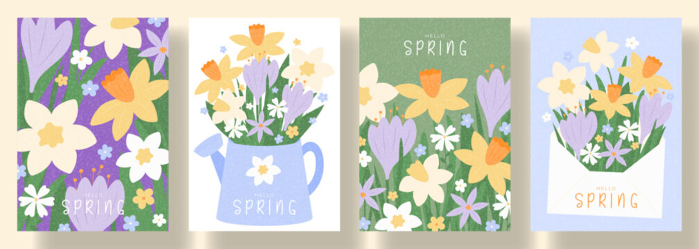 Set of trendy spring cards. Beautiful spring posters with spring hand-drawn wildflowers: crocuses, daisies, narcissus. Vector flyers for design of celebration, ads, branding, cover, card, sale.
