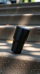 Black Tumbler on Concrete Steps.