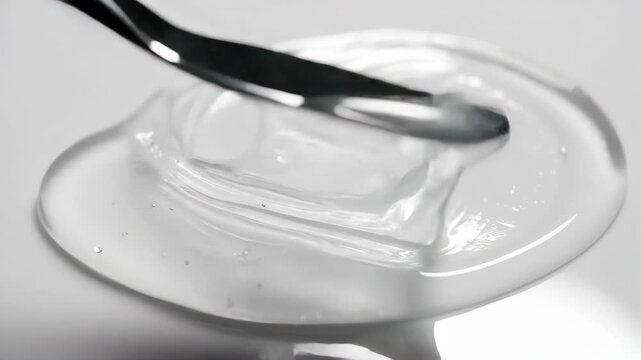 Macro shot of clear cosmetic gel being spread with a metal spatula. Texture of transparent skincare serum. Beauty product application concept