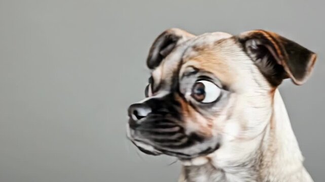 Pug with expressive eyes looks surprised against grey background
