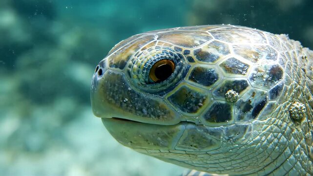 Extreme close-up of sea turtle face underwater. Detailed view of reptile eye and scales in ocean. Marine wildlife conservation