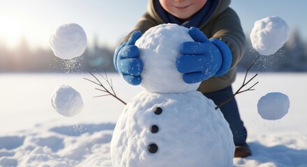 Boy building snowman in winter wonderland.