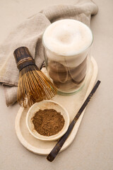 Hojicha latte ingredients with chasen and chashaku