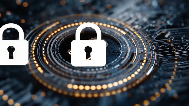 Futuristic digital security concept with padlocks and glowing circuits in a tech-inspired background