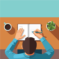 Obraz premium Flat vector illustration a person writing in a notebook, flat design, minimalist style, no outline, bright colors