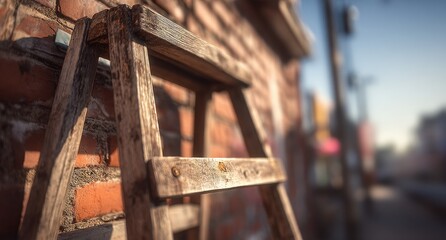 Weathered wooden stepladder leaning against a brick wall, sunlight catches the wood