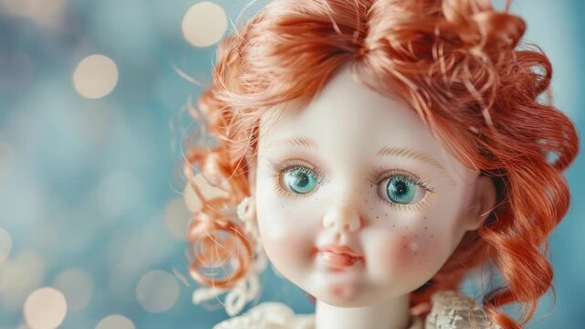 Close-up of doll with red hair and blue eyes against bokeh background