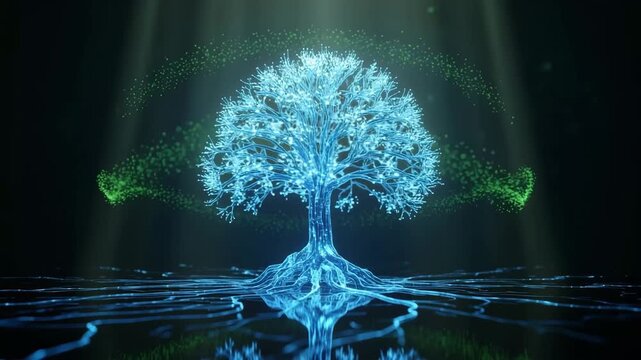 Digital blue tree with glowing root structures expanding across a dark reflective surface for data and network connectivity themes.