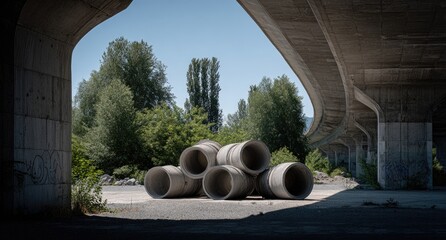 Concrete pipes beneath a highway overpass, sunlit