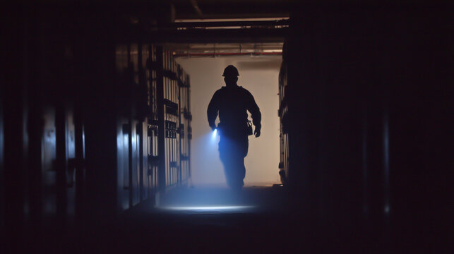 Security guard on night duty inspecting work areas with flashlight, guard at work, nighttime security scene