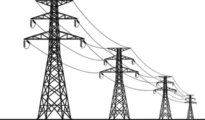 Multiple black silhouette electricity pylons with power lines against white background Keywords: electricity, pylon, tower, power © MST Hasina