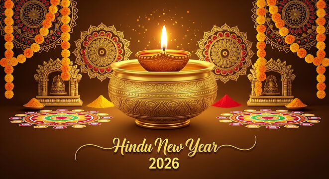 Hindu New Year 2026 celebration with traditional lamp and decorations.