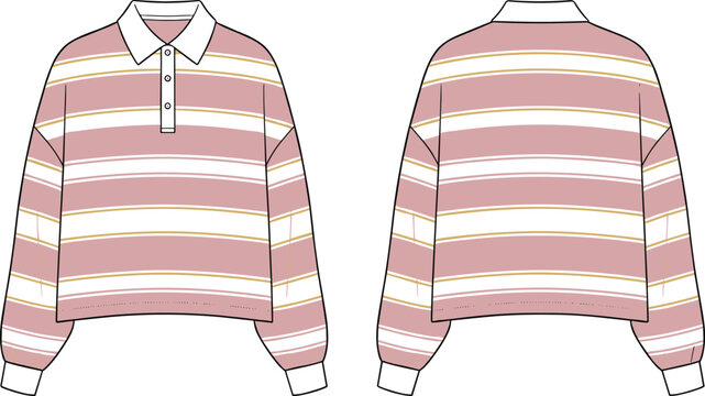 Pink Striped Cropped Rugby Shirt Fashion Flat Sketch Front and Back View vector illustration