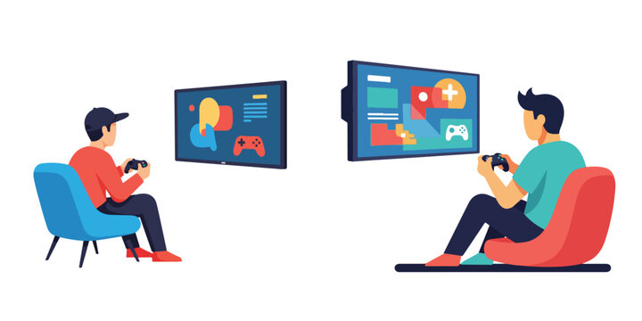 Flat vector illustration set of a person playing video games alone, flat design, minimalist, no outline, modern bright colors, white background