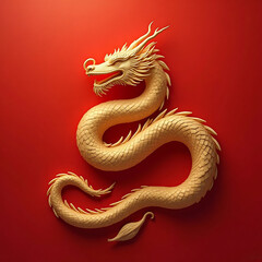 Fototapeta premium Graceful golden dragon coiled in a minimalist red environment, oil painting aesthetic, spacious negative space for copy, harmonious proportions, smooth painterly strokes